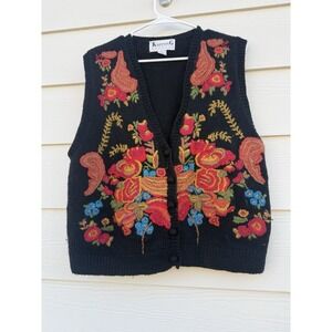Vintage Women's Knitting Needless 100% Wool Embroidered Vest Size Large